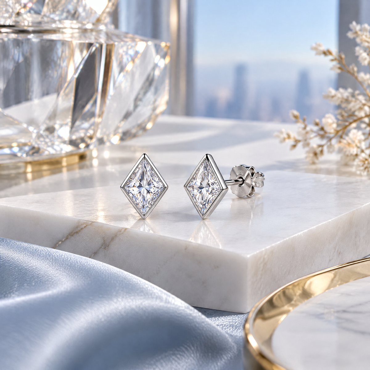 Sgzdhkl™ Prismette Diamond-Shape CZ Stud Earrings — Geometric Sterling Silver Crystal Studs