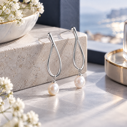 Sgzdhkl™ Lumière Pearl Open Drop Earrings — Freshwater Pearl Sterling Silver Geometric Earrings