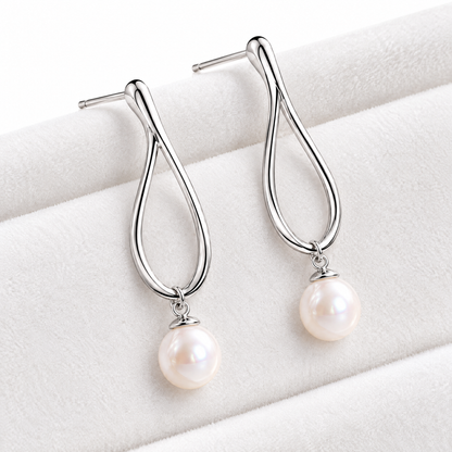 Sgzdhkl™ Lumière Pearl Open Drop Earrings — Freshwater Pearl Sterling Silver Geometric Earrings