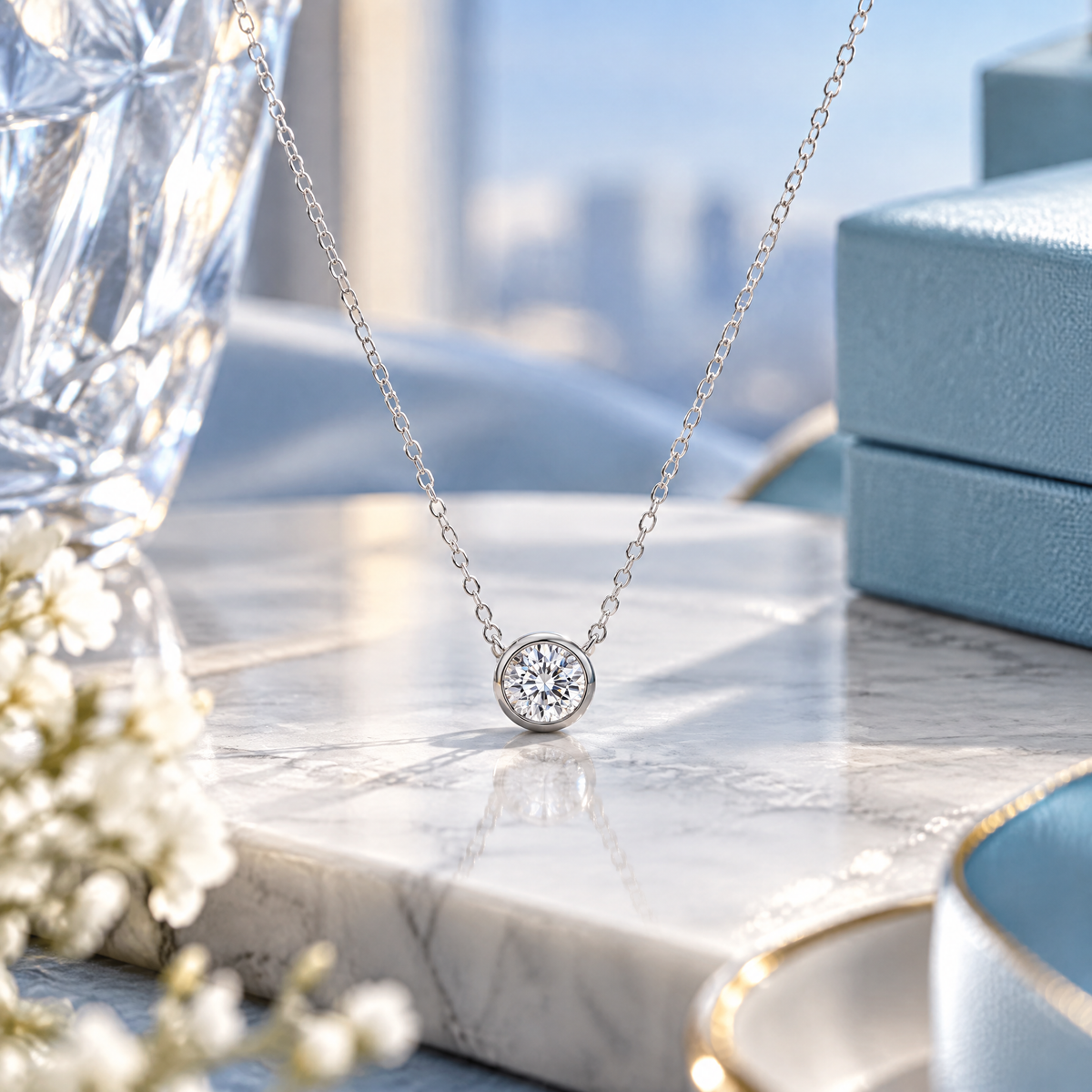 Sgzdhkl™ Solis Bezel Pendant — Minimalist Sterling Silver Cubic Zirconia Solitaire Necklace