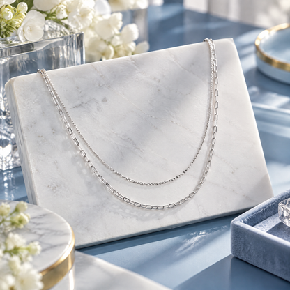 Sgzdhkl™ Duet Layer Double-Chain Necklace — Minimalist 925 Sterling Silver Two-Strand Necklace