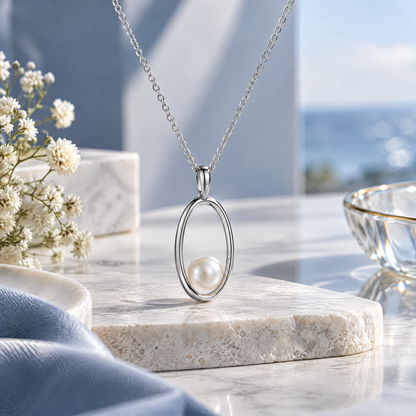 Sgzdhkl™ Ellipse Pearl Geometry Pendant — Freshwater Pearl Open Geometric Sterling Silver Necklace