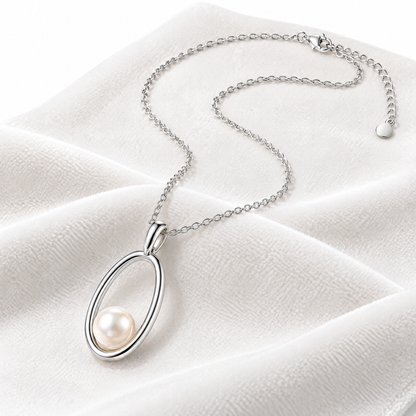 Sgzdhkl™ Ellipse Pearl Geometry Pendant — Freshwater Pearl Open Geometric Sterling Silver Necklace