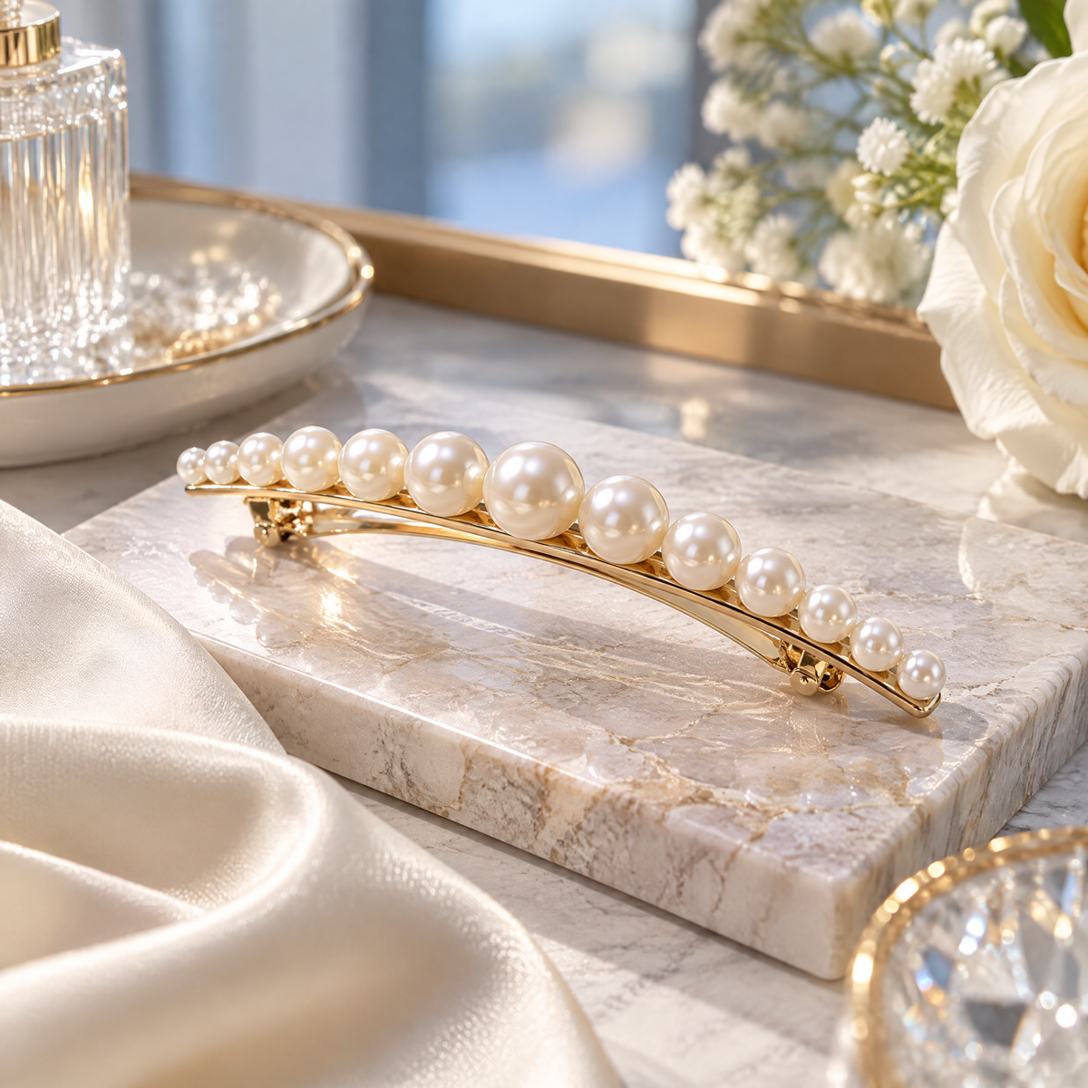 Sgzdhkl™ Pearl Line Barrette — Minimalist Imitation Pearl Gold-Tone Hair Clip